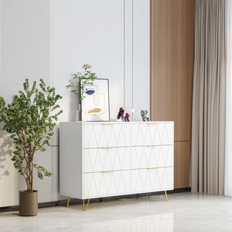 VASIEN – Commode Blanc 6 Tiroirs – Grand Meuble de Rangement –Commode Blanche – Meuble de Rangement –Système anti-basculement – Convient pour Chambre, Salon –Style scandinave – 100 x 34 x 72cm