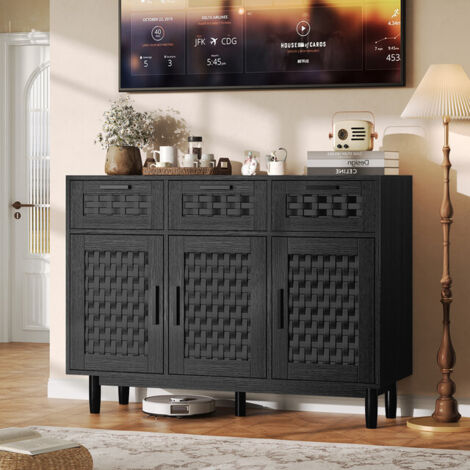 VASIEN – Commode rotin – 3 Portes+3 Tiroirs – Commode Bois et cannage rotin – Commode de Chambre pieds en bois massif et poignées en métal – Système anti-basculement – Style scandinave – 107.9x40x80 c