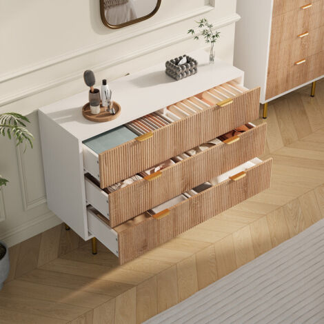 VASIEN - Commode 5 Tiroirs 60cm, Commode Chambre Meuble de Rangement Moderne, Armoire à tiroirs avec Pieds Métal pour Salon, Chambre, Salle à Manger (Blanc et Bois-5 Tiroirs, 60l x 34P x 109,8H cm)