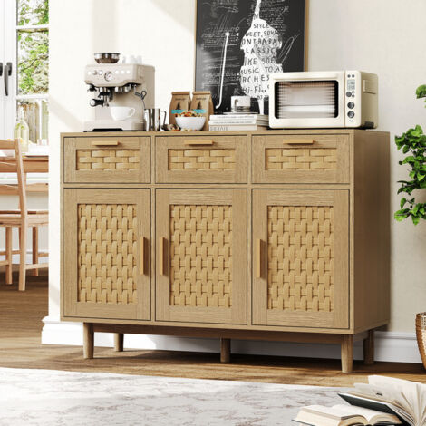 VASIEN – Commode rotin – 3 Portes+3 Tiroirs – Commode Bois et cannage rotin – Commode de Chambre pieds en bois massif et poignées en métal – Système anti-basculement – Style scandinave – 107.9x40x80 c