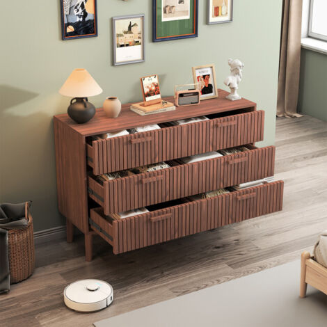 VASIEN – Commode tiroirs – 6 Tiroirs – Bois massif naturel – Commode de Chambre Poignées et pieds en bois – Système anti-basculement – Style scandinave – 100x34x73cm