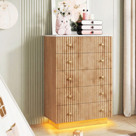VASIEN – Commode à 5 tiroirs – avec Éclairage LED –Poignées métal – Meuble de Rangement –Système anti-basculement – Convient pour Chambre, Salon –Style scandinave – 73x40x110 cm