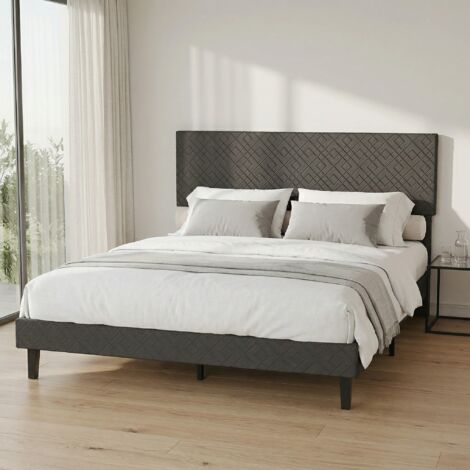 Lit Double 160x200 cm Adulte, Cadre de Lit Tapissé en Tissu Lin Gris, Tête de Lit Côtelée, Sommier à Lattes en Bois, Cadre Métallique, Design Moderne Scandinave, Capacité de Charge 350 kg, pour 2 Pers (1/5)