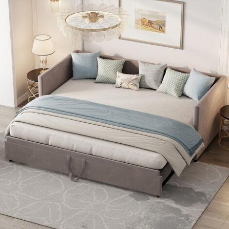 Sureh – Canapé convertible 2 places en velours gris – Lit gigogne extensible 180x200 cm – Banquette compacte pour petits espaces – Rembourrage doux