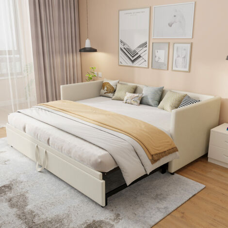 Sureh – Canapé convertible 2 places en velours beige – Lit gigogne extensible 180x200 cm – Design compact pour petits espaces – Rembourrage confortable