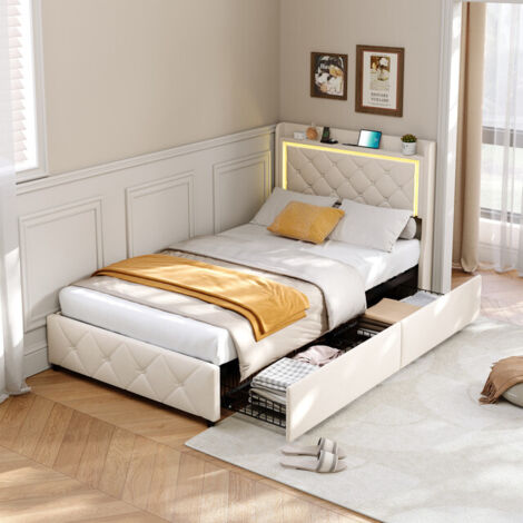 VASIEN Lit 90 x 200 cm avec éclairage LED et USB, tête de lit rembourrée et espace de rangement, cadre de lit simple 90 x 200 cm avec 2 tiroirs, lit coffre, lit enfant, velours, sans matelas, Beige (1/5)