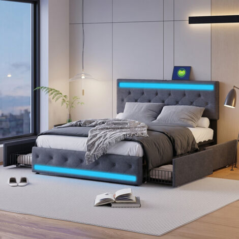 VASIEN Lit Coffre 160x200 cm avec USB & Type-C, LED RGB, lit 160x200 avec 4 Tiroirs de Rangement et Tête de lit Réglable, Sommier à Lattes, Lit Adulte & Adolescent, Sans Matelas, Lin, Gris (1/5)