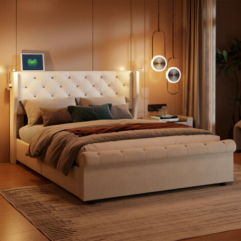 VASIEN Lit Coffre Hydraulique 140x190cm, avecLampe de Chevet Intégrée USB, lit 140x190cm avec espace, Sommier à Lattes, Lit Adultes et Lit Adolescents, Sans Matelas, Velours, Beige (1/5)