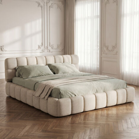 VASIEN Lit Double capitonné 140 x 200 cm avec Dossier Moelleux et Bordures rembourrées, Lit 2 Personnes avec sommier à Lattes, Cadre de lit pour Adolescent, sans Matelas, Lin, Beige