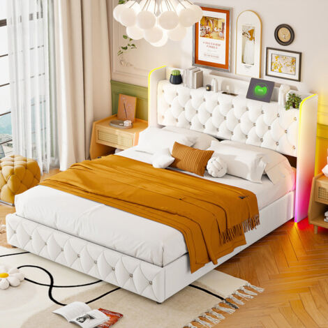 VASIEN Lit Coffre 160x200 cm avec LED RGB et USB, lit 160x200 cm avec espace et sommier à lattes, lit hydraulique, Lit Adultes et Lit Adolescents, Lin, sans matelas, Velours, Beige (1/5)