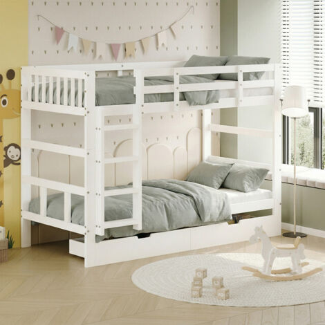 VASIEN Lit superposé, pour enfant, 90 x 200 cm, en bois, avec espace de rangement, pour 2 enfants, 90 x 200 cm, avec escalier et sommier à lattes, avec protection contre les chutes, sans matelas,Blanc