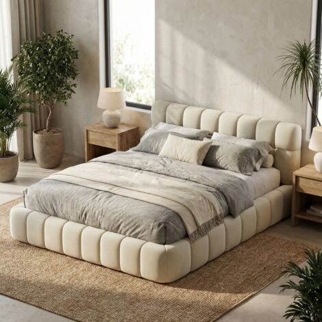lit bubble 140x190, cadre de lit pour adulte, lit deux personnes, lit double, Lit rembourré 2 places en lin, beige, sans matelas