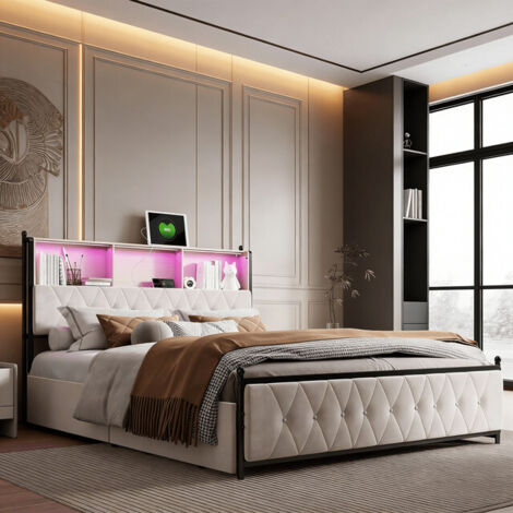 VASIEN Lit Coffre 160x200 cm avec Sommier LED RGB, USB, Type-C, lit 160x200 cm avec 4 Tiroirs et Tete de Lits Rembourré, Lit Adultes et Lit Adolescents, Sommier à Lattes, sans Matelas, Velours, Beige (1/5)