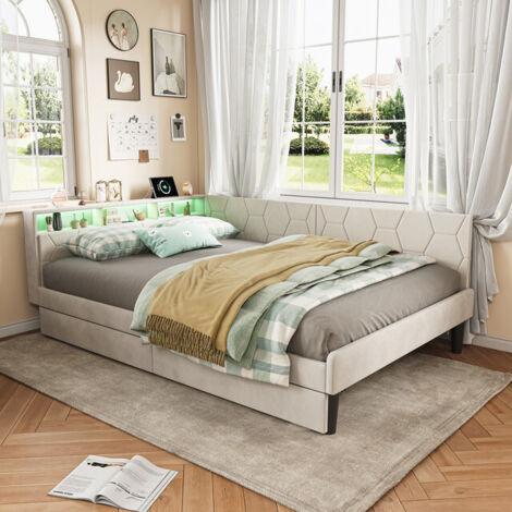 VASIEN Lit Coffre 160x200 cm cm avec LED et USB, Lit Convertible 160x200 cm avec 2 Tiroirs et sommier à lattes, Tete de Lits Rembourré, Lit Adultes et Lit Adolescents, sans matelas, Velours, Blanc (1/5)