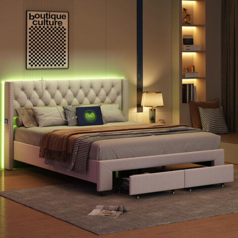 VASIEN Lit Coffre 160x200 cm avec LED et USB, lit 160x200 cm avec 2 Tiroirs et sommier à lattes, Tete de Lits Rembourré, Lit Adultes et Lit Adolescents, sans matelas, Beige, Velours (1/5)