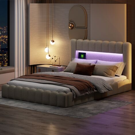 Lit double rembourré 180x200, Cadre avec Étagères de Rangement, cadre de lit avec tête de lit, Lit coffre et sommier à lattes, lit capitonné, beige (1/5)