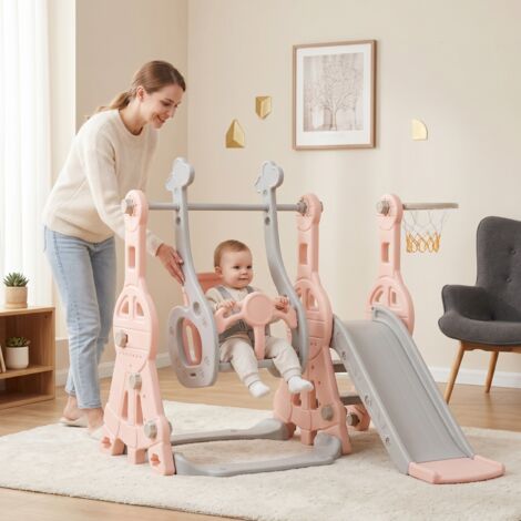 Toboggan enfant 4in1, aire de jeux exterieur enfant, Ensemble de Toboggan pour enfant Préscolaires, avec Panier de Basket, Balançoire