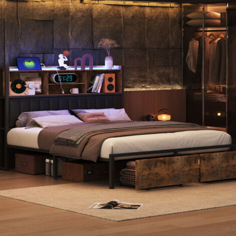 VASIEN Lit Coffre 160x200 cm avec LED et USB, lit 160x200 cm avec 4 Tiroirs et sommier à lattes, Tete de Lits Rembourré, Lit Adultes et Lit Adolescents, sans matelas, Noir, PU (1/5)