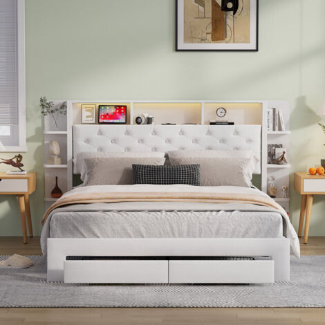 VASIEN Lit Coffre 160x200 cm avec Sommier LED et USB, lit 160x200 avec 2 Tiroirs de Rangement et Tete de Lits Rembourré, Lit Adultes et Lit Adolescents, Sommier à Lattes, sans Matelas, Velours, Blanc (1/5)