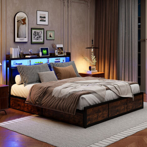 VASIEN Lit Coffre 160x200 cm avec LED et USB, lit 160x200 cm avec 4 Tiroirs et sommier à lattes, Tete de Lits Rembourré, Lit Adultes et Lit Adolescents, sans matelas, Noir, PU (1/5)