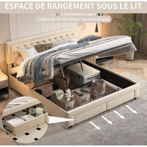 Lit 160x200 coffre, lit double avec 2 tiroirs, lit adulte rangement en hydraulique, Cadre de lit, 2 Personnes à Deux Places, Matelas non compris, lit avec tête de, lit rembourré, beige, velours (1/5)
