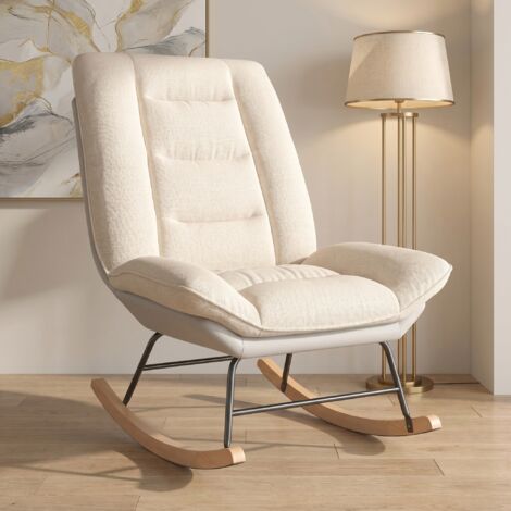 VASIEN – Fauteuil à bascule scandinave en tissu lin – Dossier inclinable – Fauteuil relax,Rocking chair,Fauteuil à Bascule Confortable en Tissu – Pieds en bois massif – Beige (1/5)