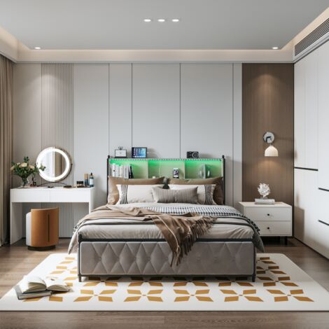 Lit Double pour Adultes, Lit coffre capitonné140x200, Lit rembourré 2 Personnes, tête de lit coffre en coton réglable, avec LED et USB, avec 4 tiroirs, velours, beige (1/5)