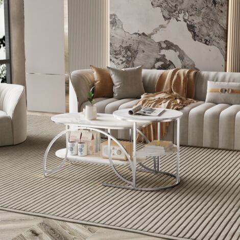 Meuble Table Basse,Table d'appoint, table de canapé 80 x 46 x 51,Table  Marbre, Bout de Canapé, Argent + Blanc, pour salon, chambre à coucher
