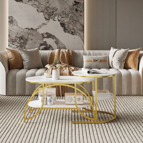 Meuble Table Basse,Table d'appoint, table de canapé 80 x 46 x 51,Table  Marbre, Bout de Canapé, Blanc + doré, pour salon, chambre à coucher