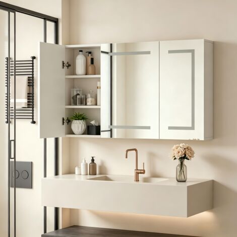 Armoire à Miroir Mural avec LED 100x60x13.5 cm, Salle de Bains Armoire avec Miroir, Placard avec Miroir avec 3 portes et Prise, Grand Meuble de Rangement avec Étagère Réglable, Anti - Buée Gradateur (1/5)
