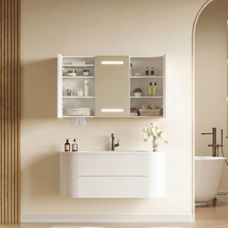 Armoire à Miroir Mural avec LED 100x60x13.5 cm, Salle de Bains Armoire avec Miroir, Placard avec Miroir avec 3 portes et Prise, Grand Meuble de Rangement avec Étagère Réglable, Anti - Buée Gradateur (1/5)
