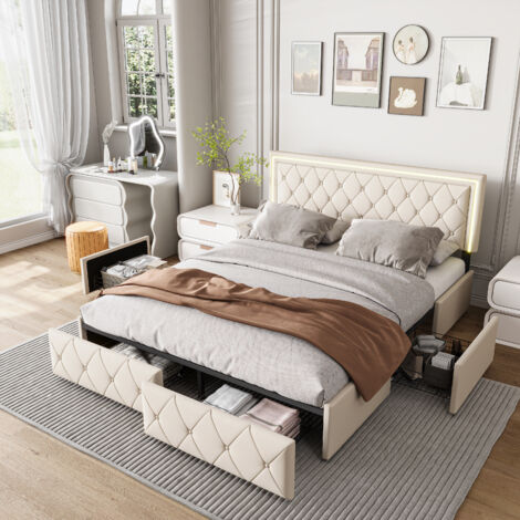 Lit adulte 160x200 avec sommier,Lit 2 personnes avec 4 tiroirs en maille métallique,Lit Coffre Rembourré avec Éclairage LED RGB intégré,Tête de lit réglable,Sommier à lattes,PU Beige (1/5)