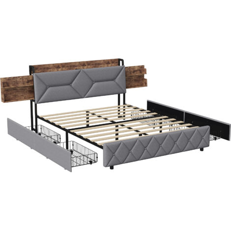 Lit 160x200 coffre, lit double avec 4 tiroirs et USB,Tête de lit avec rangements dissimulés et dossier ergonomique, lit adulte 2 Personnes, Gris, Matelas non compris (1/5)