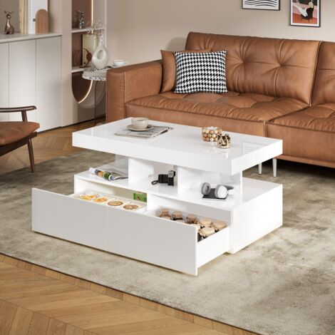 Table Basse 104x53x46 cm avec LED, Table d'appoint avec 2 tiroirs et compartiment ouvert, Table de canapé, pour salon, chambre à coucher, Rectangulaire, blanc (1/5)
