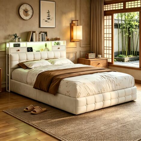 Lit 160x200 coffre, lit double avec 4 tiroirs, lit adulte avec LED et USB/Type c, Cadre de Lits Capitonnée 2 Personnes, tête de lit rangement en velours avec 2 tiroirs, Beige, sans matelas, MDF (1/5)