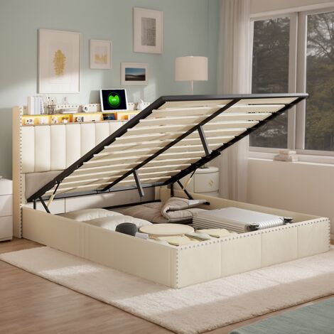 Lit coffre 140x200 cm,lit double avec éclairage LED,chargement USB et Type c,cadre de lit avec sommier à lattes,lit adulte,lit à levier hydraulique,beige (1/5)