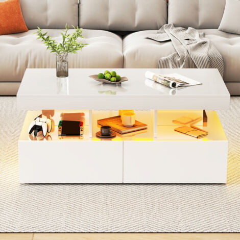 Sureh – Table basse rectangulaire blanche brillante – Avec éclairage LED 16 couleurs – 2 tiroirs et étagère ouverte – Dimensions 104x53x46cm (1/5)