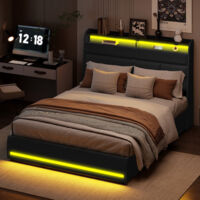 Lit coffre 140 x 200 avec sommier, lit 2 personnes avec rangement et éclairage LED, lit 140 x 200 avec sommier à lattes en bois, lit double pour adulte et adolescent, PU noir