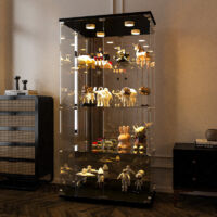 Vitrine en verre, 164x80x36cm, 4 niveaux, vitrine avec miroir, vitrine de collectionneur avec lumière LED, vitrine de rangement en verre noir pour la chambre, le bureau, le salon, noir