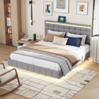 Lit double 160x200 cm - lin, lit flottant avec LED et 2 ports USB, lit rembourré avec tête de lit réglable, sommier à lattes, lit double de style scandinave,convient aux adultes et adolescents - Gris