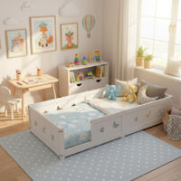 VASIEN – Lit enfant 140x200 cm – Barrière de sécurité et porte coulissante –Barrière amovible, anti-chute – Cadre en pin massif avec sommier à latte – Lit Montessori – Blanc