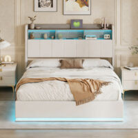 VASIEN Lit Coffre 160x200 cm cm avec LED et USB, lit 160x200 cm avec espace et sommier à lattes, lit hydraulique, Lit Adultes et Lit Adolescents, velours, sans matelas, Blanc