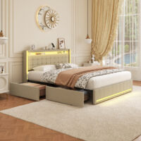 Lit double rembourré 160x200cm, lin, lit avec rangement et quatre tiroirs, avec éclairage LED RGB, de ports USB et Type-C, lit adulte, lit adolescent, matelas non inclus, beige