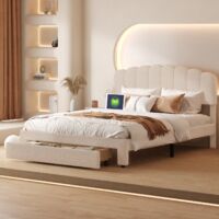 Lit double coffre 160x200, Lit avec Sommier avec 1 tiroir, Lit rembourré 2 Personnes avec USB et Type c, Tête de élastique Réglable en Hauteur, beige, velours, sans matelas