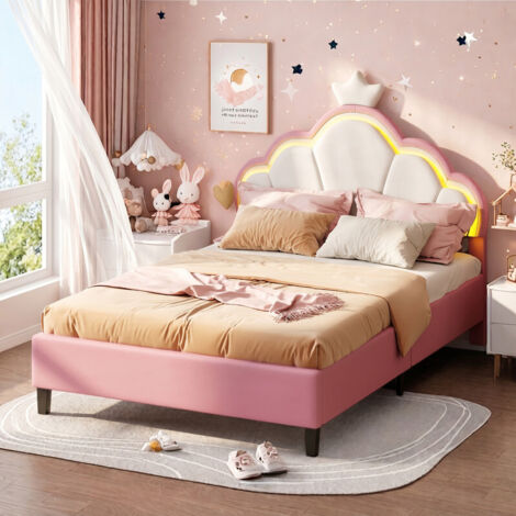 Lit enfant 140x200 cm, lit princesse couronne rose, lit rembourré avec LED, tissu velours, sommier à lattes, style scandinave, Pour chambre fille