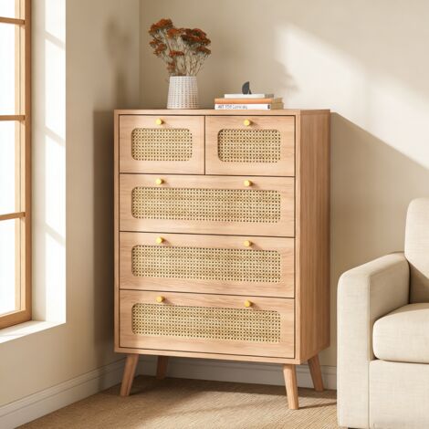 Commode 5 tiroirs - Meuble de rangement minimaliste moderne avec tiroirs texture rotin, 60x34x91cm pour chambre à coucher/salon/entrée, bois clair