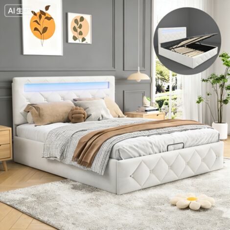 Lit coffre 160x200 avec sommier à lattes – Rangement intégré – Tête de lit LED avec USB – Velours beige (1/5)