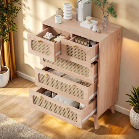 Commode 5 tiroirs 60 x 34 x 91 cm, meuble de rangement en rotin, style scandinave, couleur bois naturel, pour chambre et salon