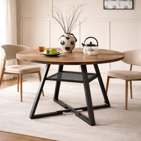 Table ronde industrielle 120 cm 4-6 personnes, hauteur 75 cm, plateau MDF et métal, pour cuisine et salon