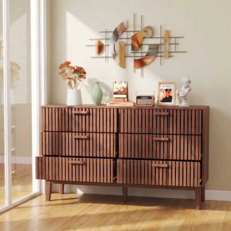 Commode 6 tiroirs 100x34x73 cm, façade à lamelles, tiroirs coulissants, structure en bois massif, couleur noyer, design scandinave, pour salon et chambre